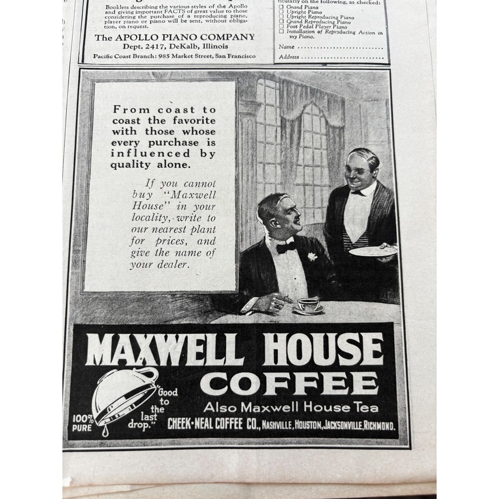 Vintage Print Ad 1921 Maxwell House Coffee Apollo Piano Literary Digest Art